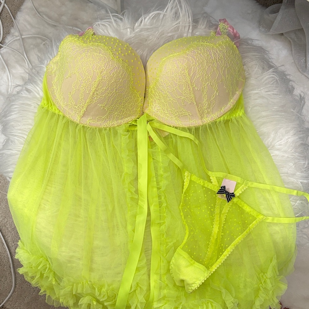 Victoria's Secret Neon Yellow Lace Chemise Set
